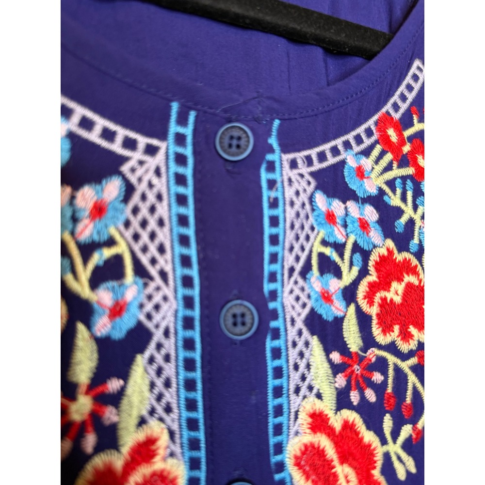 Navy Blue Embroidered Floral Boho 100% Cotton Blouse Top 1XL 3/4 Sleeve Peasant - Picture 13 of 13